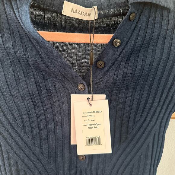 Naadam Navy Ribbed Open Neck Polo - Picture 6 of 9